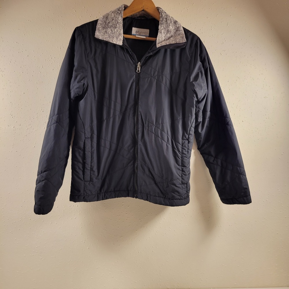 Columbia Insulated Jacket Women Medium Black Excellent Quilted Faux Fur Collar